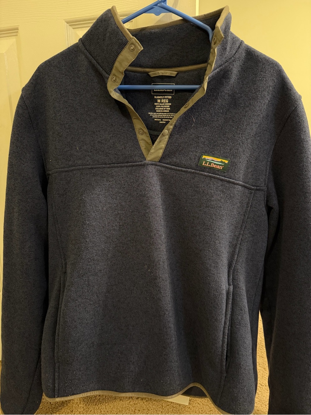 L.L. Bean Navy Fleece Snap-Front Pullover with Olive Trim
